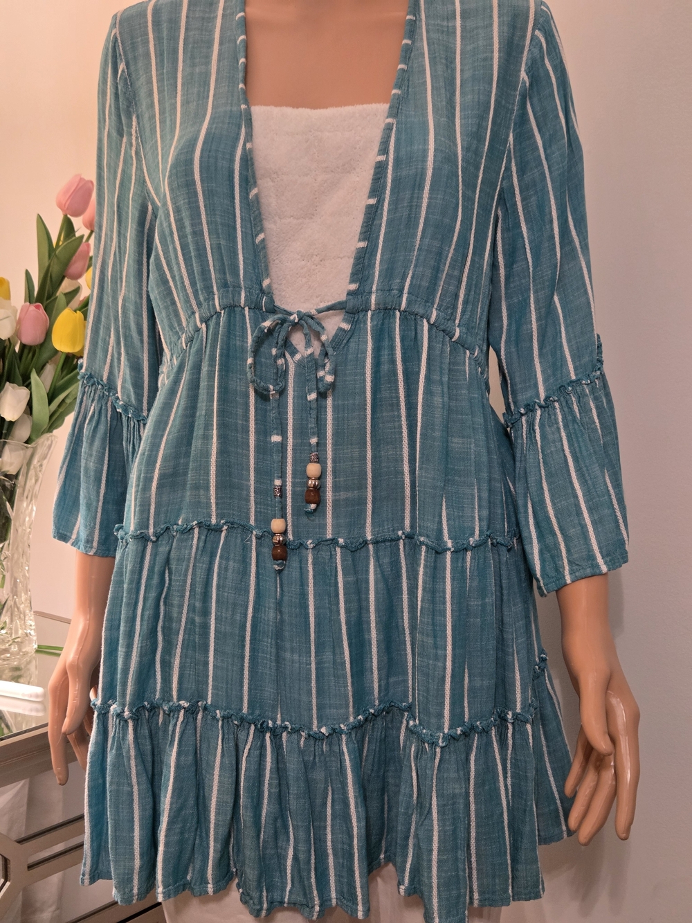blue island Teal-Striped V-Neck Coverup Tunic